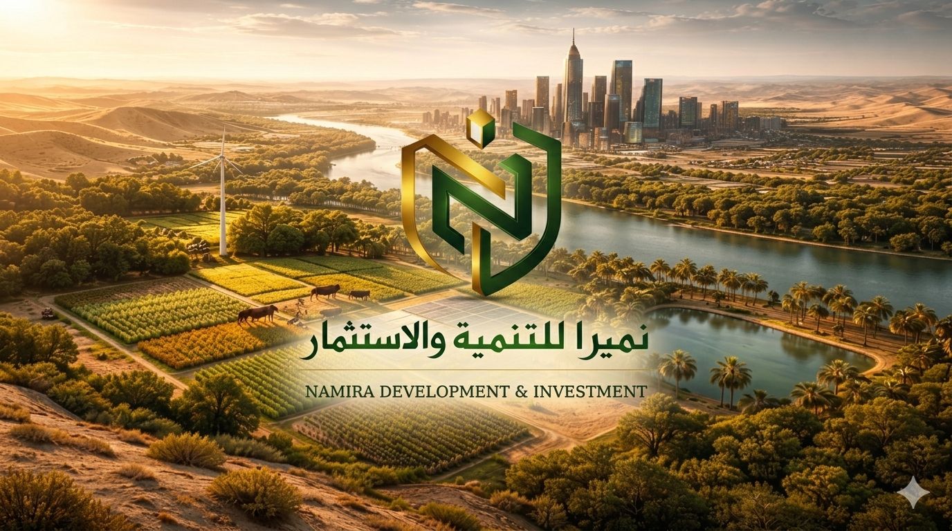 شعار نميرا للتنمية والاستثمار فوق منظر جوي يجمع بين الصحراء والأراضي الزراعية والنهر وأفق مدينة
